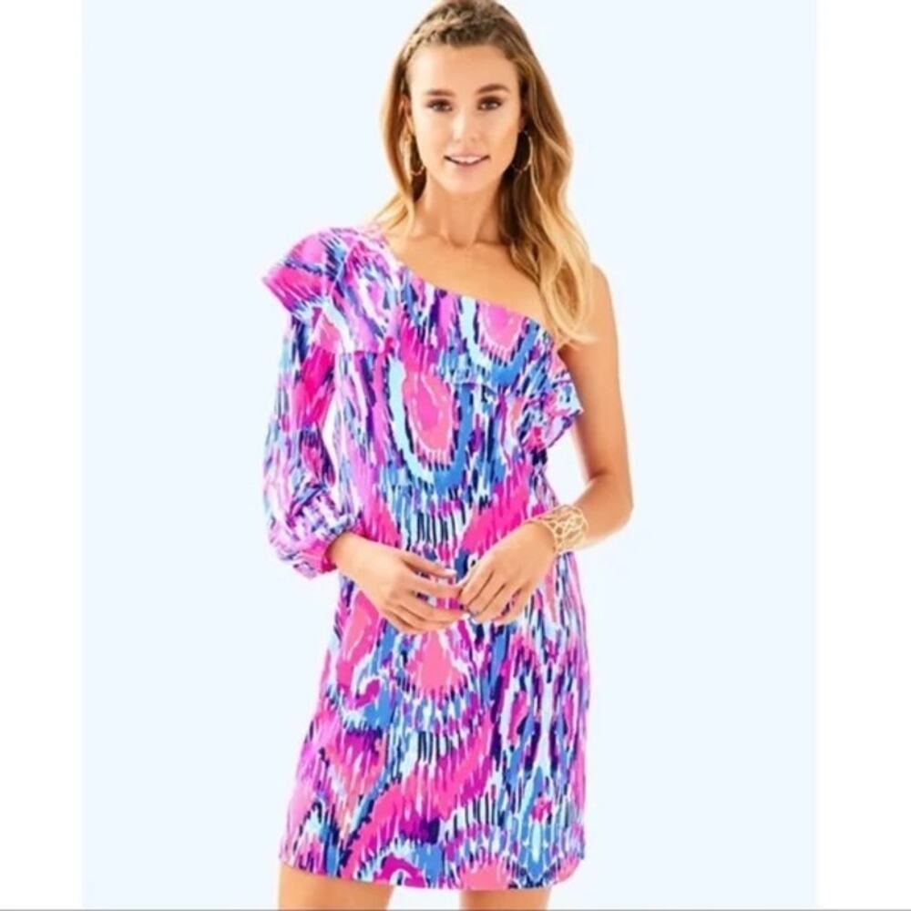 Lilly Pulitzer Amante 100% Silk Jersey Dress One Shoulder Free Spirit Size Small